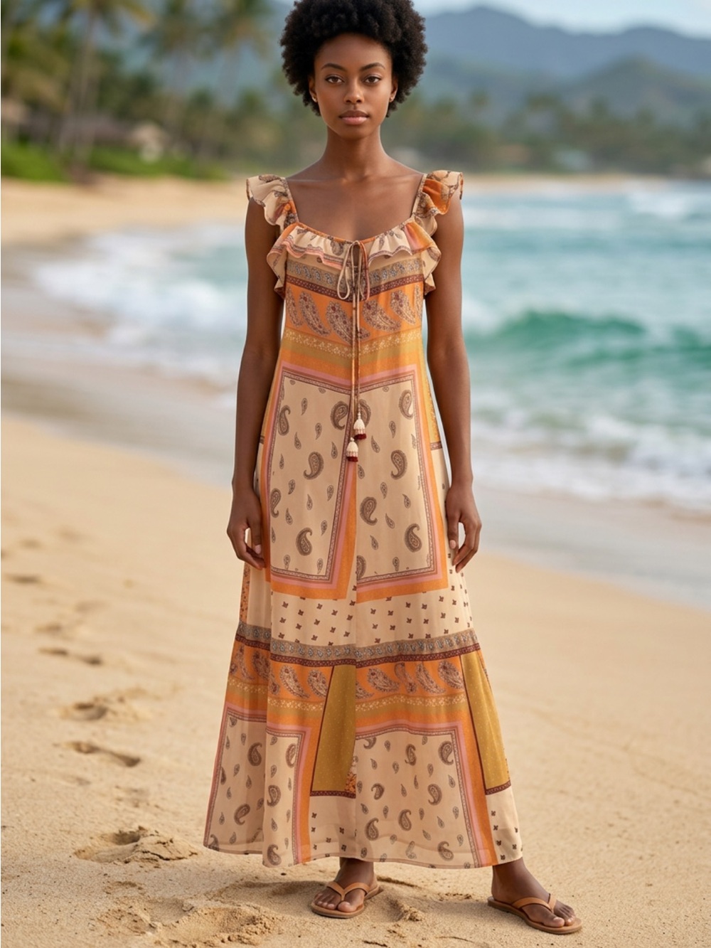 Zara Paisley Patchwork Ruffle-Trim Maxi Dress in Beige and Mustard